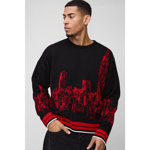 Maglione squadrato in maglia spazzolata in jacquard con grafica di città - boohoo - Modalova