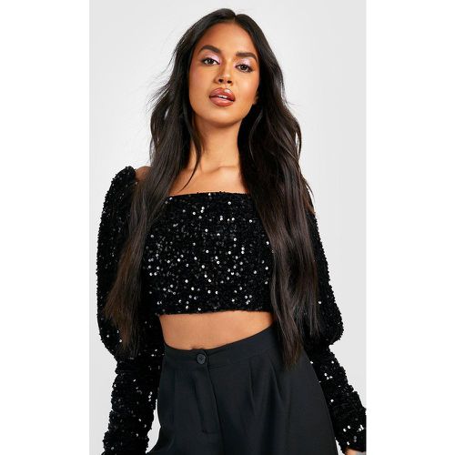 Top De Lentejuelas Y Terciopelo Con Mangas Bombachas - boohoo - Modalova