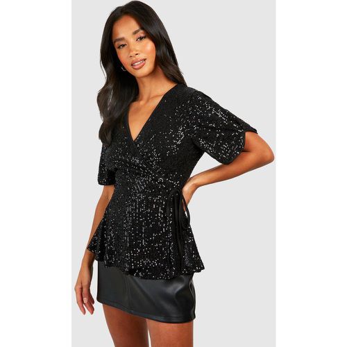 Top Petite Cruzado De Lentejuelas Con Volante - boohoo - Modalova