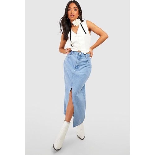 Gonna maxi Petite in denim con spacco frontale - boohoo - Modalova