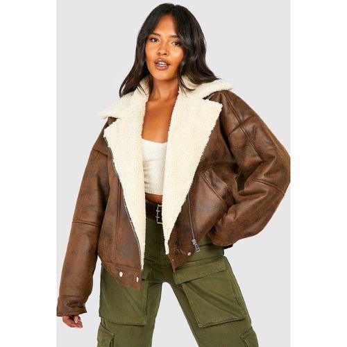 Chaqueta Plus De Aviador De Cuero Sintético Con Lavado Vintage - boohoo - Modalova