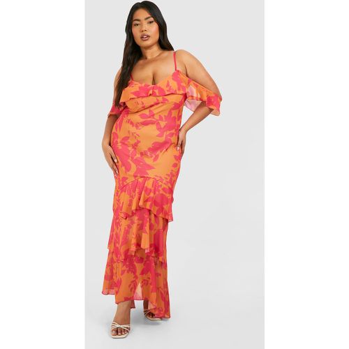 Vestito longuette Plus Size in chiffon con stampa a fiori e volant - boohoo - Modalova