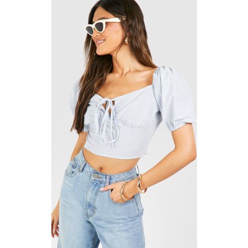 Top Crop De Lino Con Raya Diplomática Y Mangas Abullonadas - boohoo - Modalova