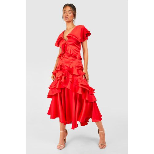 Satin Ruffle Maxi Dress, Rojo - boohoo - Modalova