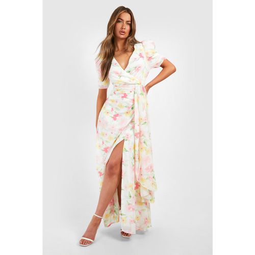 Vestito maxi con stampa a fiori e dettagli drappeggiati - boohoo - Modalova