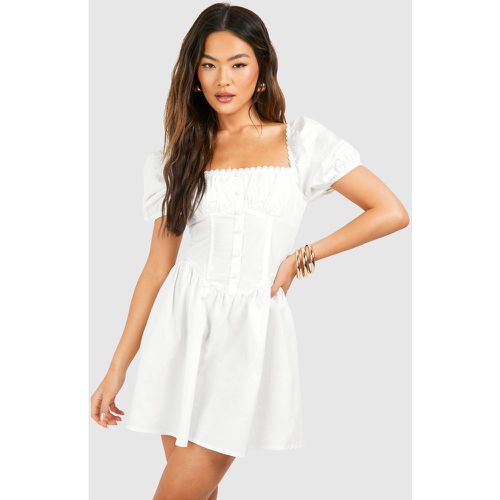 Puff Sleeve Cotton Rouched Milkmaid Mini Dress - boohoo - Modalova