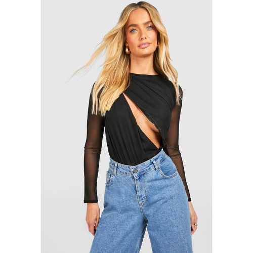 Body a maniche lunghe in rete con ruches e cut-out - boohoo - Modalova