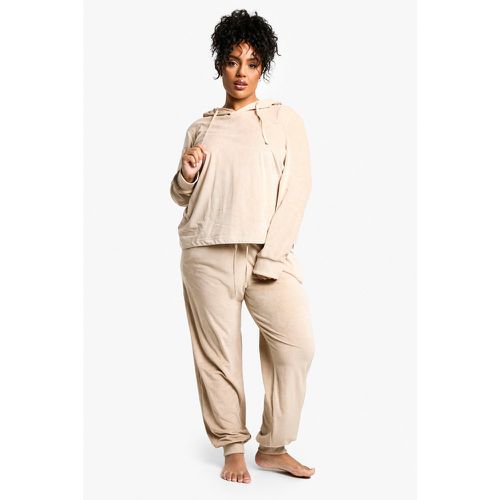 Set Plus Size felpa in fleece a coste con cappuccio & pantaloni tuta - boohoo - Modalova