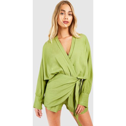 Linen Look Wrap Playsuit, Verde - boohoo - Modalova
