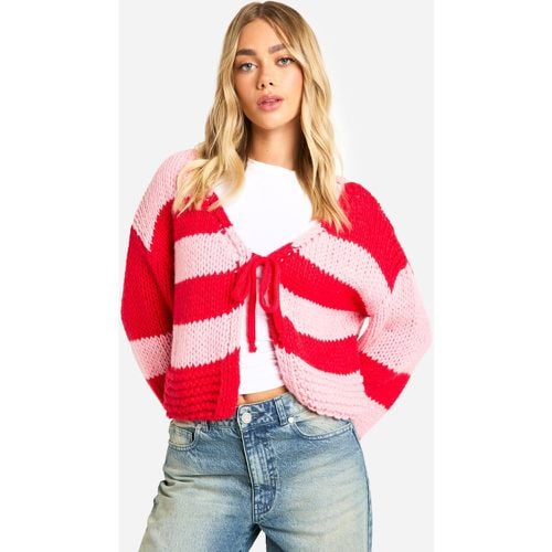 Cardigan Premium in maglia a righe con laccetti frontali - boohoo - Modalova