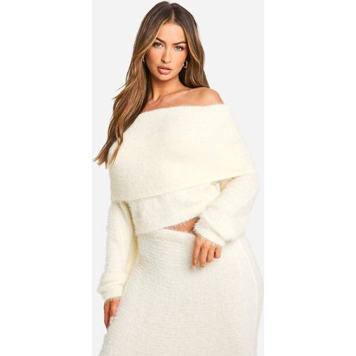 Fluffy Knitted Bardot Fold Over Jumper - boohoo - Modalova