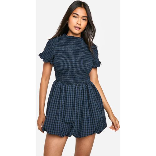 Vestido Mini De Manga Corta Fruncido Con Mangas Abullonadas Y Estampado De Cuadros Vichy - boohoo - Modalova