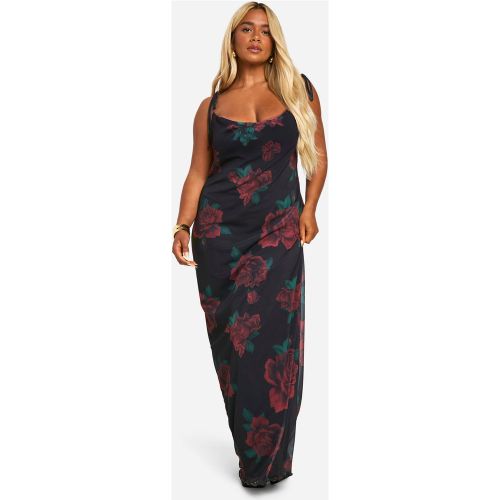 Vestido Plus Maxi De Malla Con Escote Plisado Y Atadura Con Estampado De Flores Y Rosas - boohoo - Modalova