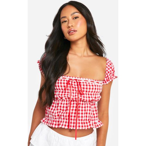 Top Crop De Cuadros Vichy Con Mangas Abullonadas Y Cintura Fruncida - boohoo - Modalova