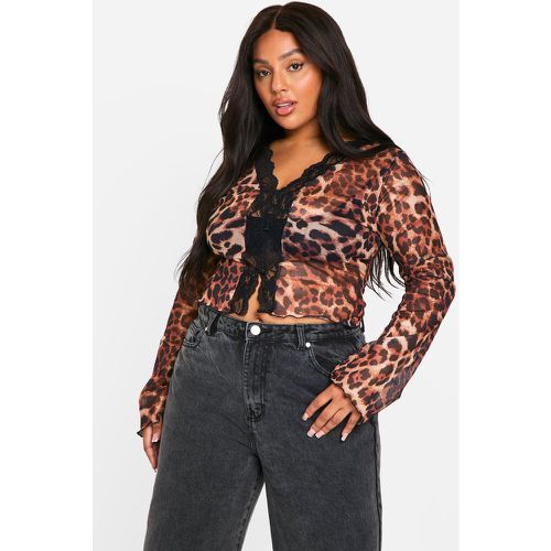 Top Plus Size in rete leopardata con dettagli in pizzo - boohoo - Modalova