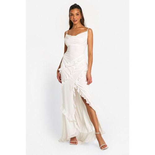 Vestito maxi con arricciature, scollo a cappuccio e spacco - boohoo - Modalova