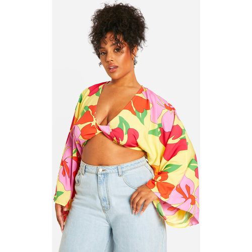 Top Crop Plus De Manga Larga Con Nudo Y Estampado De Flores - boohoo - Modalova