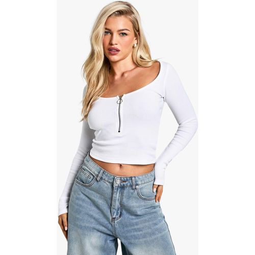 Top a coste a maniche lunghe con zip frontale - boohoo - Modalova