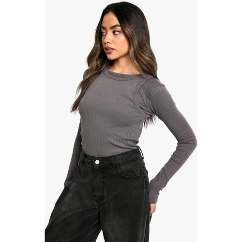 Layer Rib Long Sleeve Top, Gris - boohoo - Modalova