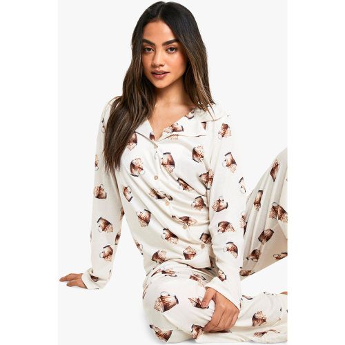 Set pantaloni natalizi a maniche lunghe con stampa di cioccolata calda - boohoo - Modalova