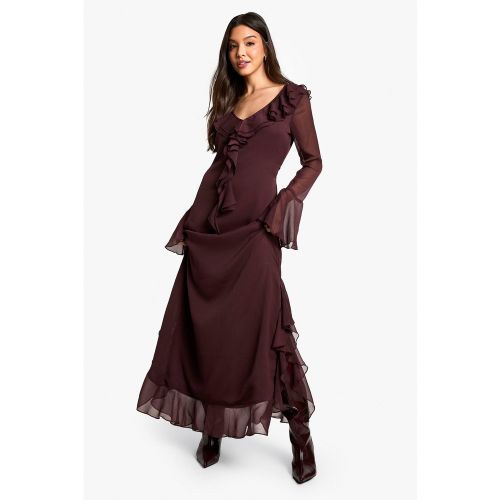 Vestito maxi in chiffon con cintura, arricciature e maniche svasate - boohoo - Modalova