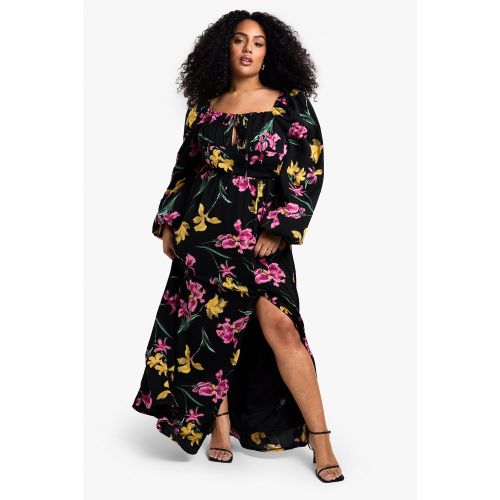 Vestito maxi Plus Size stile Milkmaid a fiori con maniche a palloncino - boohoo - Modalova