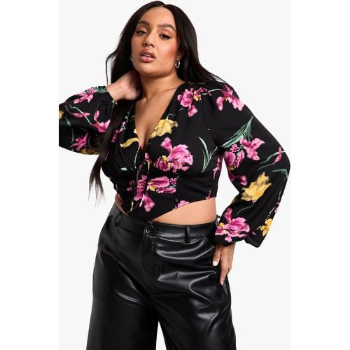 Top a corsetto lungo Plus Size a fiori con maniche a sbuffo - boohoo - Modalova