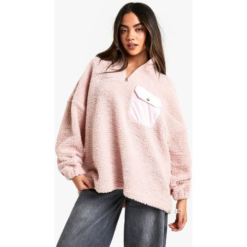 Sudadera Oversize De Borreguito Con Bolsillo De Nailon Y Cremallera A La Mitad - boohoo - Modalova