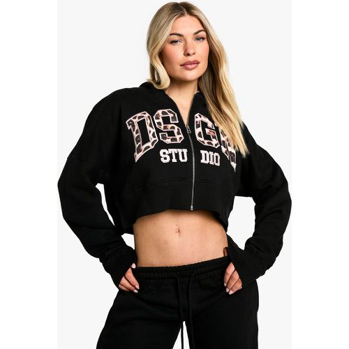 Felpa squadrata corta Dsgn Studio leopardata con applique, zip e cappuccio - boohoo - Modalova