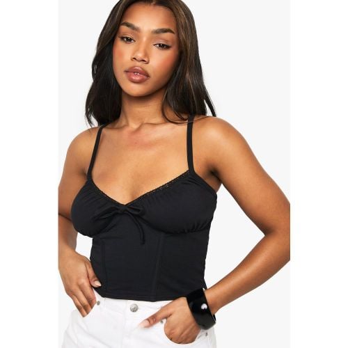 Top a corsetto in cotone rifinito in pizzo con laccetti frontali - boohoo - Modalova