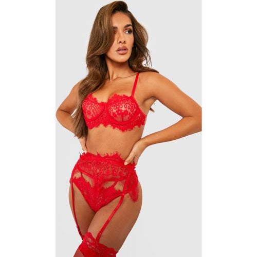 Set tanga & bralette in pizzo cigliato con reggicalze - boohoo - Modalova