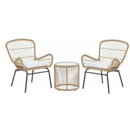 Balkonset Hellbraun Rattan Stahl Sicherheitsglas 2 Stühle Beistellstisch mit Auflagen Balkon Terrasse Garten - BELIANI - Modalova