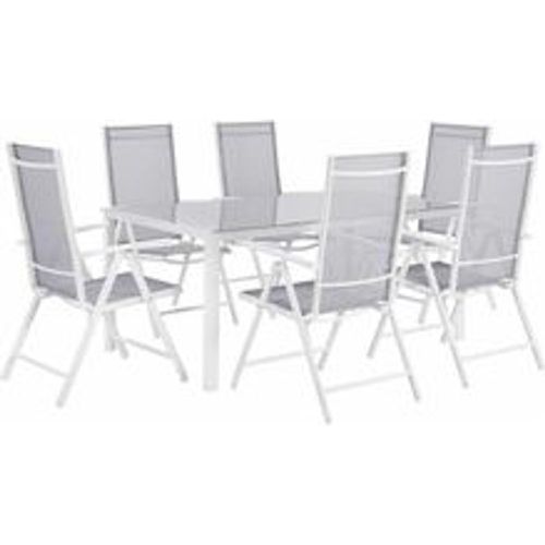 Gartenmöbel Set Grau Glas Aluminium Stoffbespannung 7-Teilig 6-Sitzer Modern Tisch 160 x 91 cm und 6 Stühle Terrasse Outdoor Ausstattung - BELIANI - Modalova