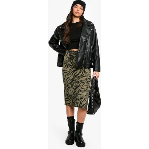 Falda Midi De Canalé Con Abertura Lateral Y Estampado De Cebra - boohoo - Modalova
