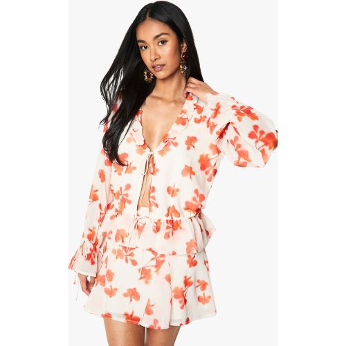 Blusa De Chifón Con Volante Y Estampado De Flores - boohoo - Modalova