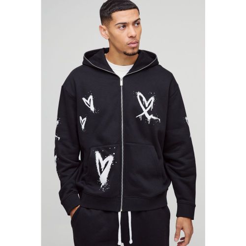 Sudadera Oversize Con Capucha, Cremallera Y Estampado De Corazones - boohoo - Modalova