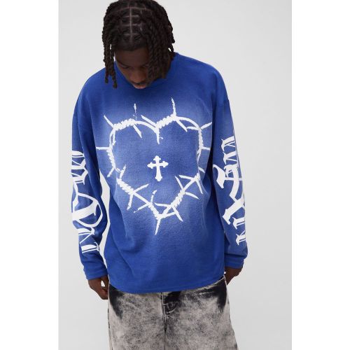 Camiseta Oversize De Manga Larga Y Tela Rizo Con Estampado De Corazones Y Lavado A La Piedra - boohoo - Modalova