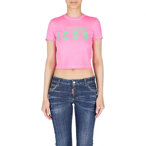 Iconisches T-Shirt mit kurzen Ärmeln aus Baumwolle in Rosa , Damen, Größe: XS - Dsquared2 - Modalova