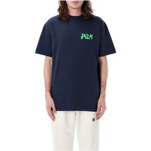 Navy Graphic Print Crew Neck T-Shirt , male, Sizes: L, M - Palm Angels - Modalova