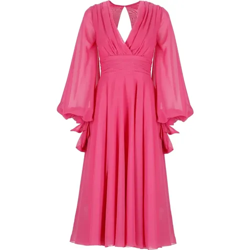 Fuchsia V-Ausschnitt Kleid mit Schleife , Damen, Größe: S - Atelier Legora - Modalova