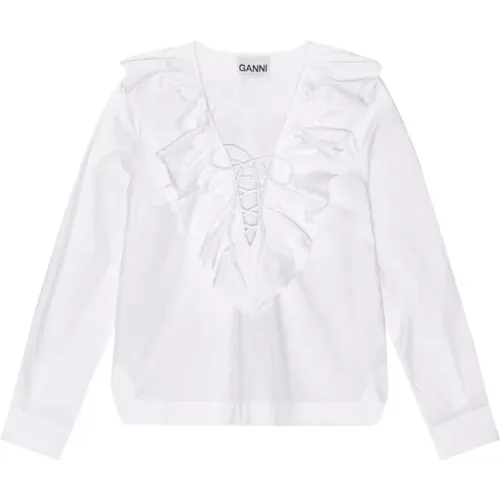 Organic Cotton Ruffle Collar Shirt , female, Sizes: M, XS, S - Ganni - Modalova
