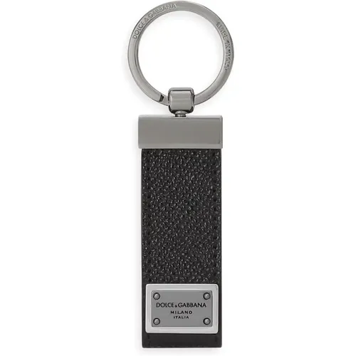 Schwarzer Leder Schlüsselanhänger mit Logoplatte,Erhöhen Sie Ihren Stil mit Baumwollmischung Schlüsselanhänger,Leder Schlüsselanhänger mit grav - Dolce & Gabbana - Modalova