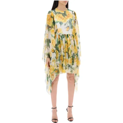 Yellow Rose Print Silk Chiffon Dress , female, Sizes: S - Dolce & Gabbana - Modalova