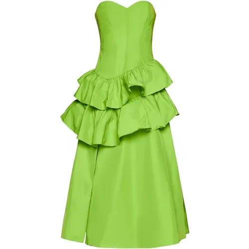 Grünes Taft Gerüschtes A-Linien-Kleid - Marchesa - Modalova
