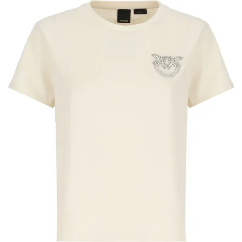 Ivory Baumwoll-T-Shirt mit Strass-Logo , Damen, Größe: S - pinko - Modalova