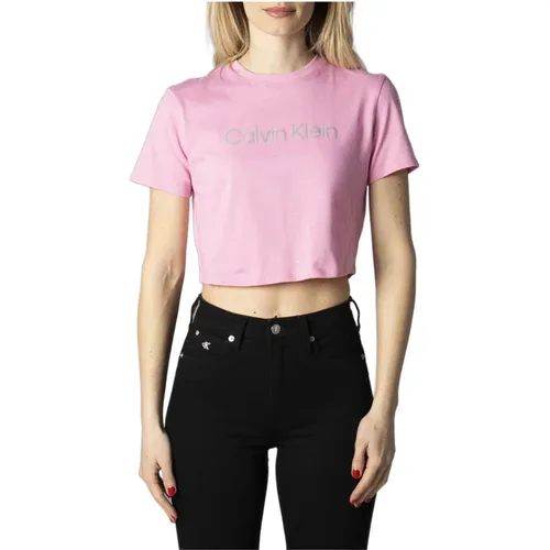 Rosa Bedrucktes Rundhals T-Shirt , Damen, Größe: M - Calvin Klein - Modalova