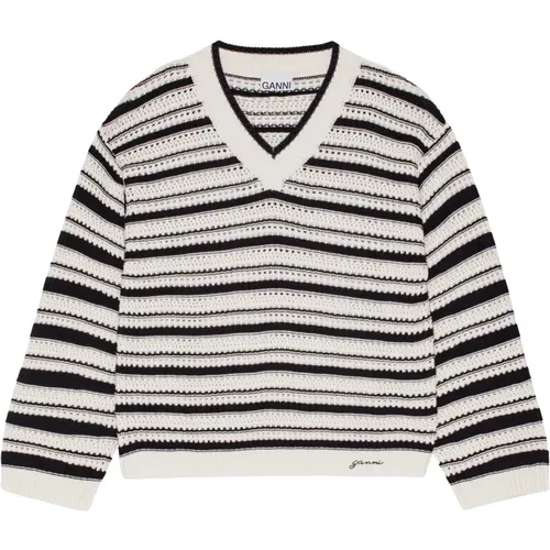 Striped Cotton V-Neck Sweater , female, Sizes: 2XS/XS, L/XL - Ganni - Modalova