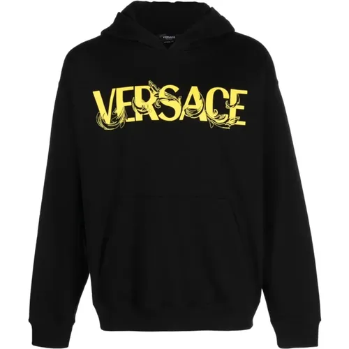 Schwarzer Logo-Print Baumwollhoodie - Versace - Modalova