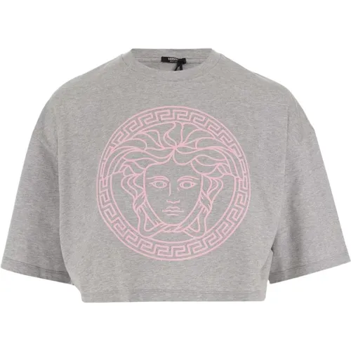 Grey Cotton Crop T-shirt with Logo Detail , female, Sizes: XS - Versace - Modalova