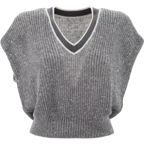 Grey Linen Blend Sequin Sweater , female, Sizes: S - BRUNELLO CUCINELLI - Modalova